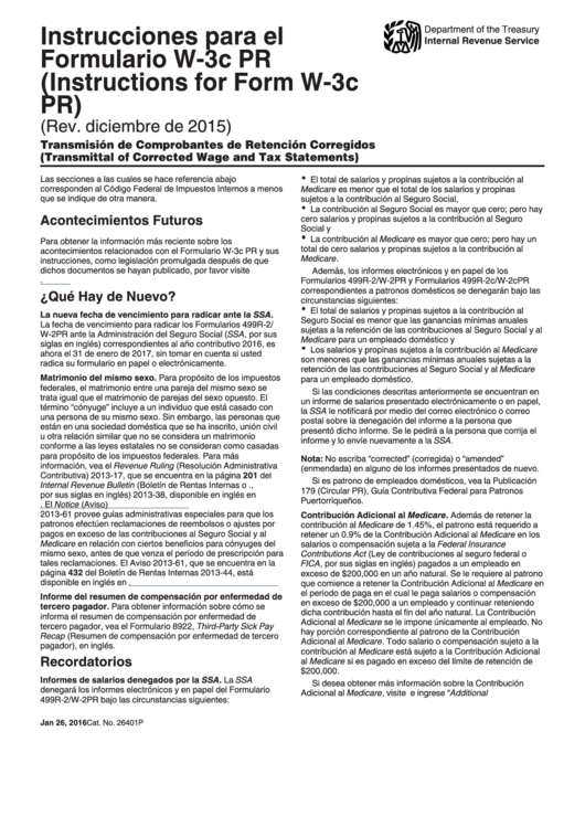 Instrucciones Para El Formulario W-3c Pr (Instructions For Form W-3c Pr) - Rev. Diciembre De 2015 Printable pdf