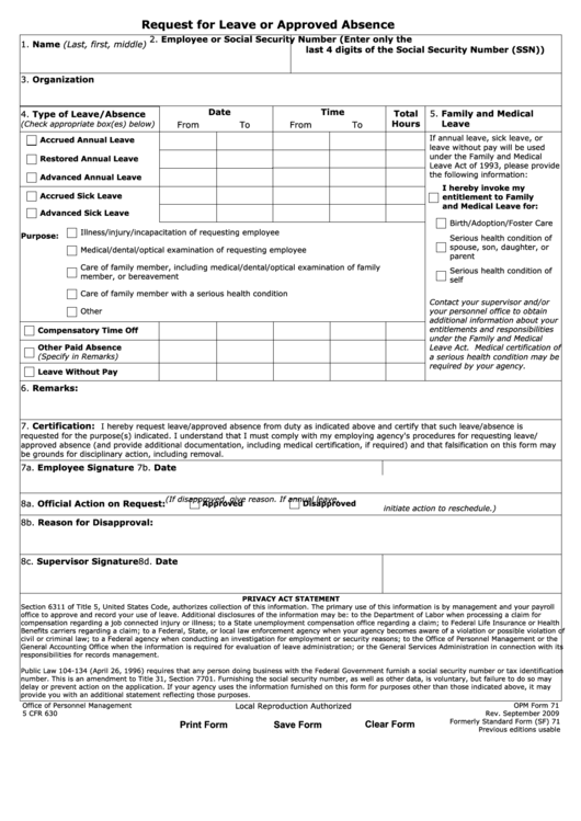 Fillable Request For Leave Or Approved Absence Printable pdf