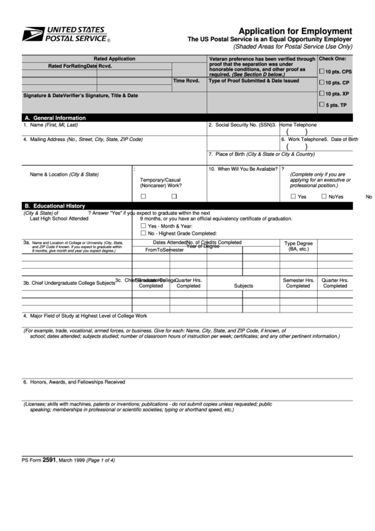 Fillable Ps Form 2591 - Application For Employment Form Printable pdf