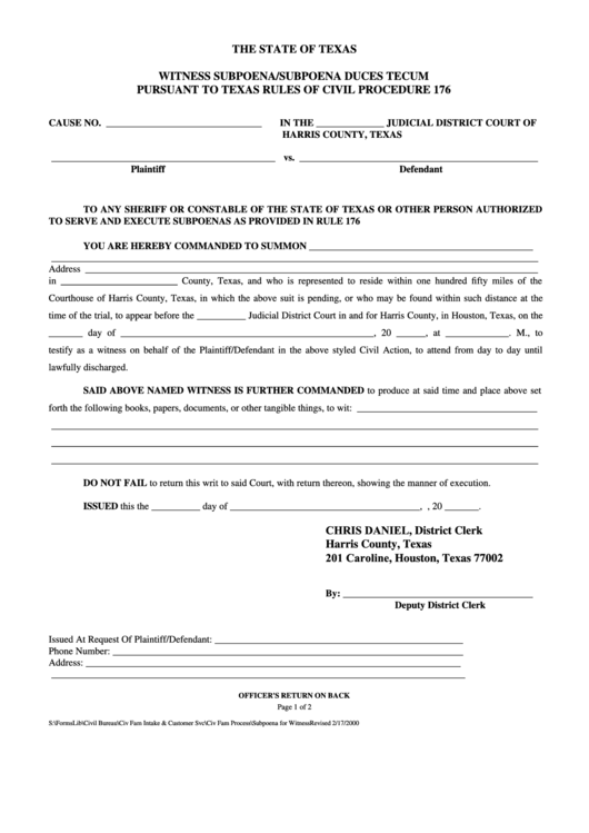 Fillable Witness Subpoena Subpoena Duces Tecum Pursuant To Texas Rules Of Civil Procedure 176 Printable pdf