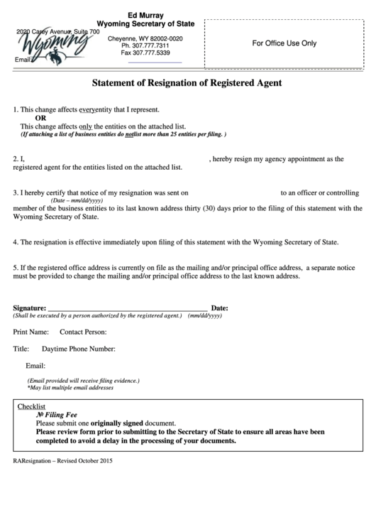 Fillable Statement Of Resignation Of Registered Agent - Wyoming Secretary Of State Printable pdf