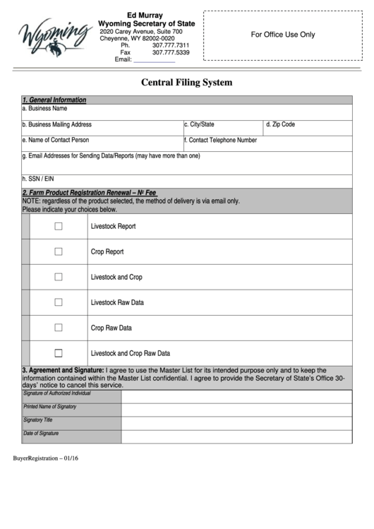 Fillable Central Filing System Form - Wyoming Secretary Of State Printable pdf