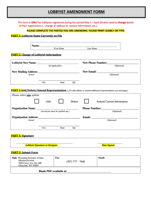 Fillable Lobbyist Amendment Form - Wyoming Secretary Of State Printable pdf
