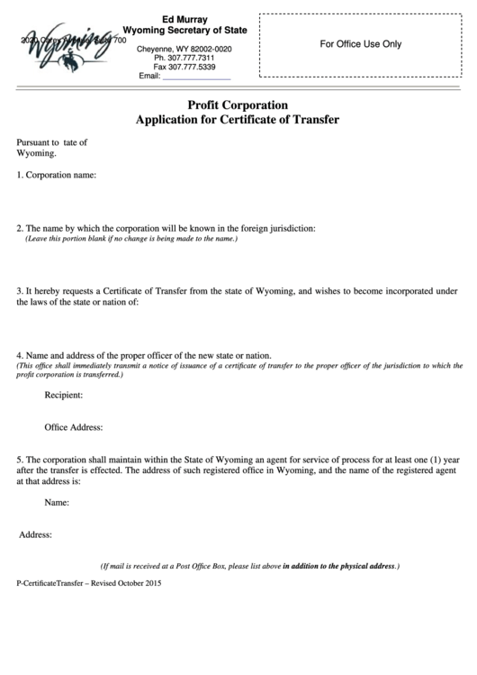 Fillable Profit Corporation Application For Certificate Of Transfer - Wyoming Secretary Of State Printable pdf