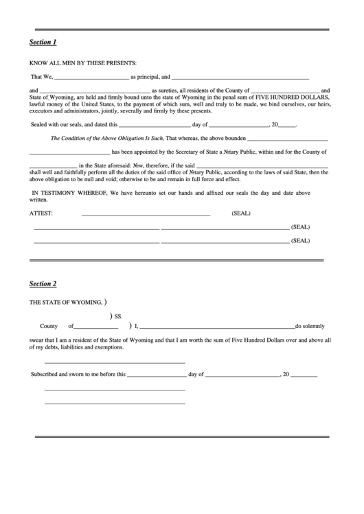 Wyoming Notary Bond Form - Wyoming Secretary Of State Printable pdf