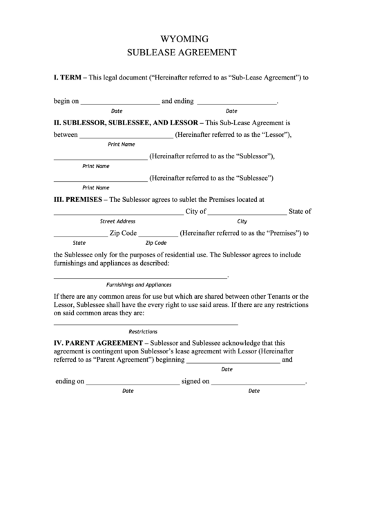 Fillable Wyoming Sublease Agreement Template Printable pdf