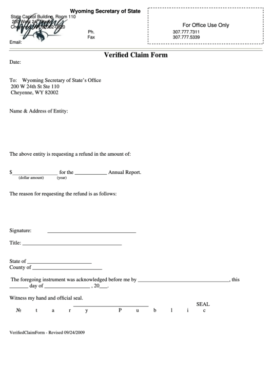 Fillable Verified Claim Form - Wyoming Secretary Of State Printable pdf