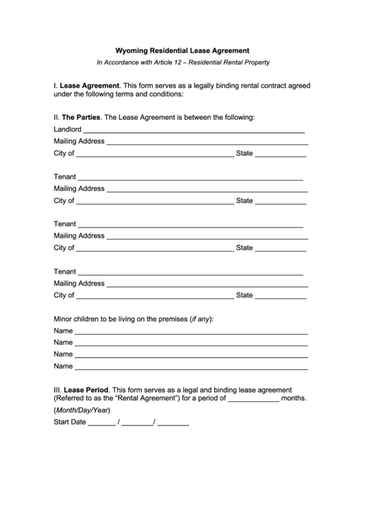 Fillable Wyoming Residential Lease Agreement Template Printable pdf