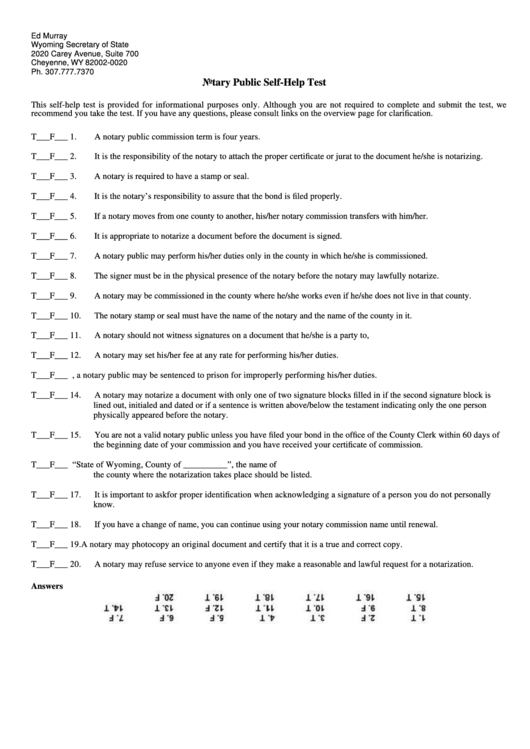 Fillable Notary Public Self Help Test - Wyoming Secretary Of State Printable pdf