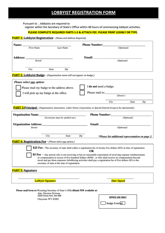 Fillable Lobbyist Registration Form - Wyoming Secretary Of State Printable pdf