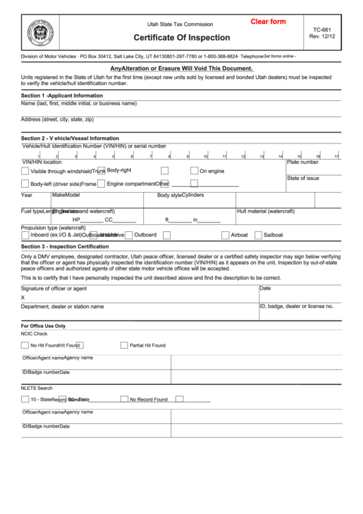 Fillable Form Tc-661 - 2012 Certificate Of Inspection Printable pdf