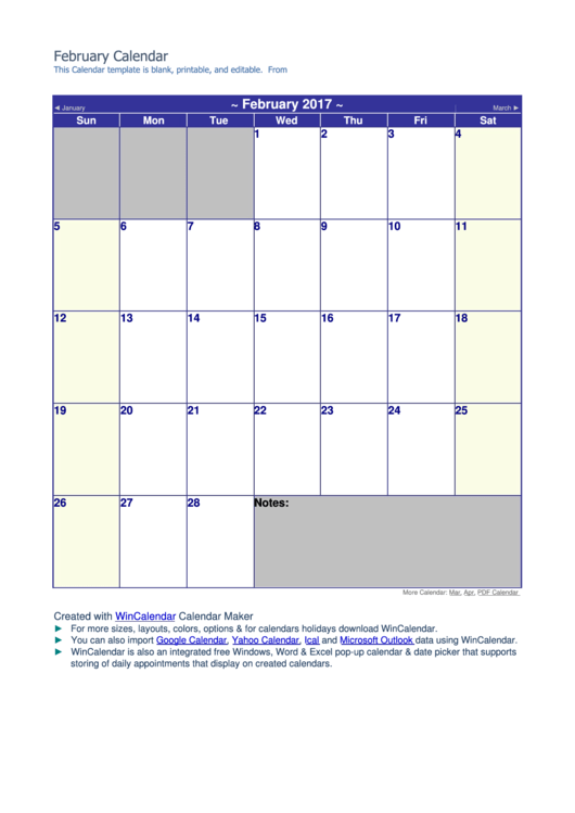 February 2017 Calendar Template printable pdf download
