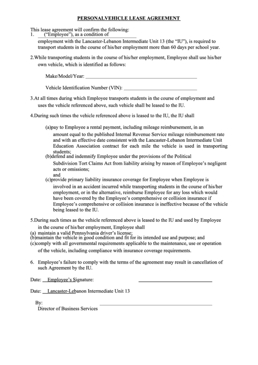 Personal Vehicle Lease Agreement Printable pdf