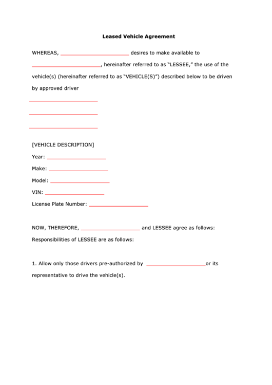 Fillable Leased Vehicle Agreement Template Printable pdf