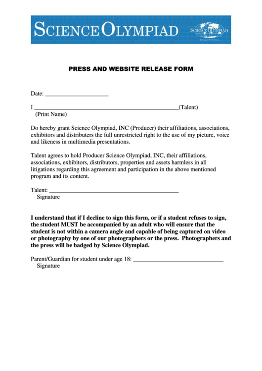 Press And Website Release Form - Science Olympiad Printable pdf