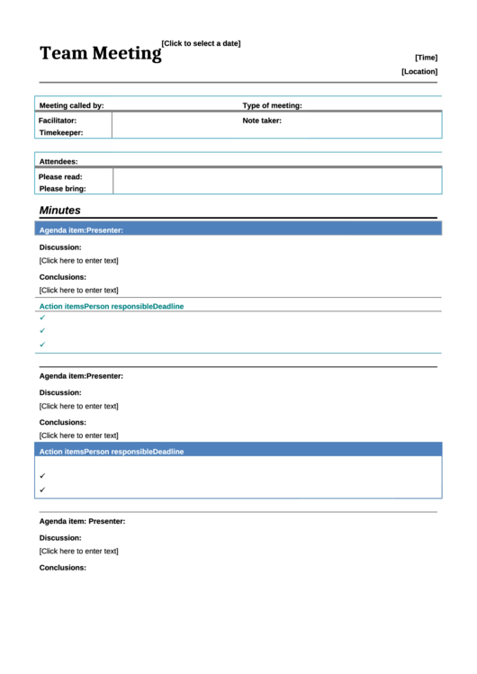 Team Meeting Minutes Template printable pdf download