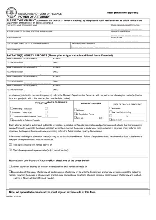 Fillable Form Dor-2827 - Missouri Department Of Revenue Power Of Attorney Printable pdf