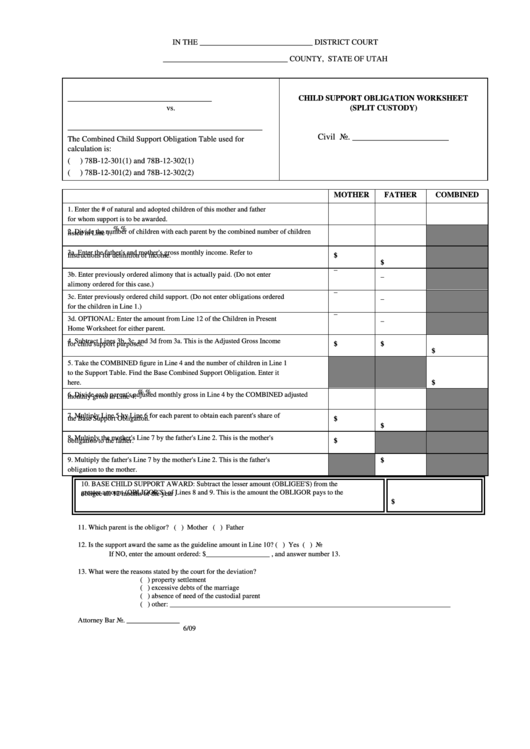 Child Support Obligation Worksheet (Split Custody) Printable pdf