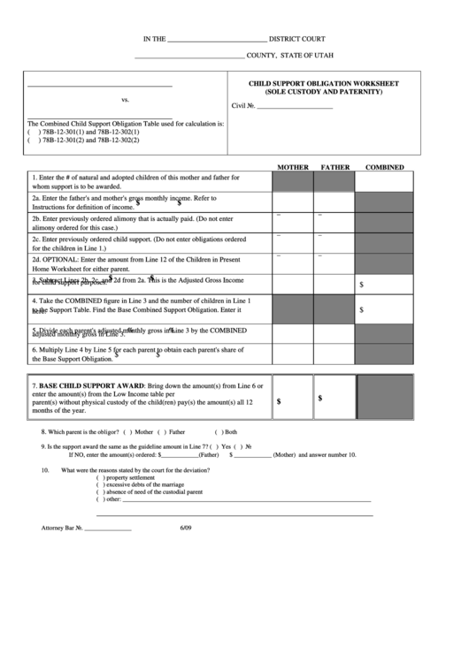 Child Support Obligation Worksheet (Sole Custody And Paternity) Printable pdf