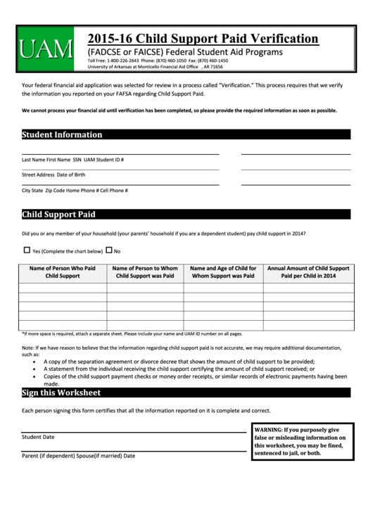 Uam 2015-16 Child Support Paid Verification Form Printable pdf