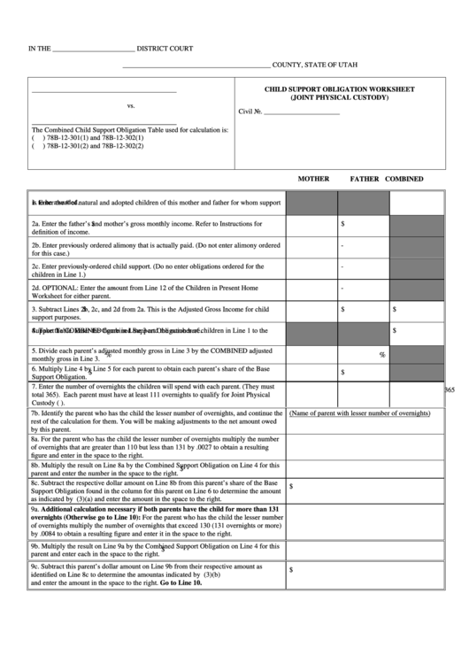 Child Support Obligation Worksheet (Joint Physical Custody) Printable pdf