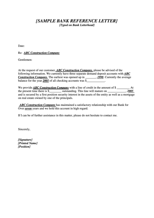 Sample Bank Reference Letter Template