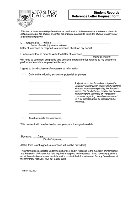 Student Records Reference Letter Request Form Printable pdf
