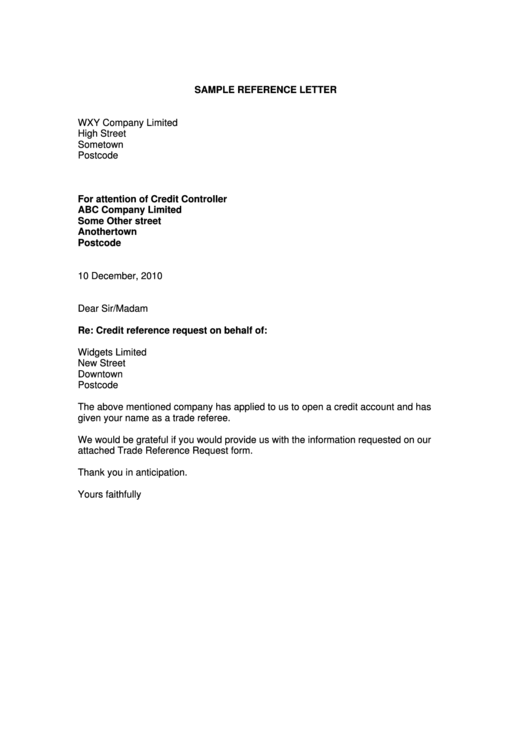 Sample Credit Reference Letter Template