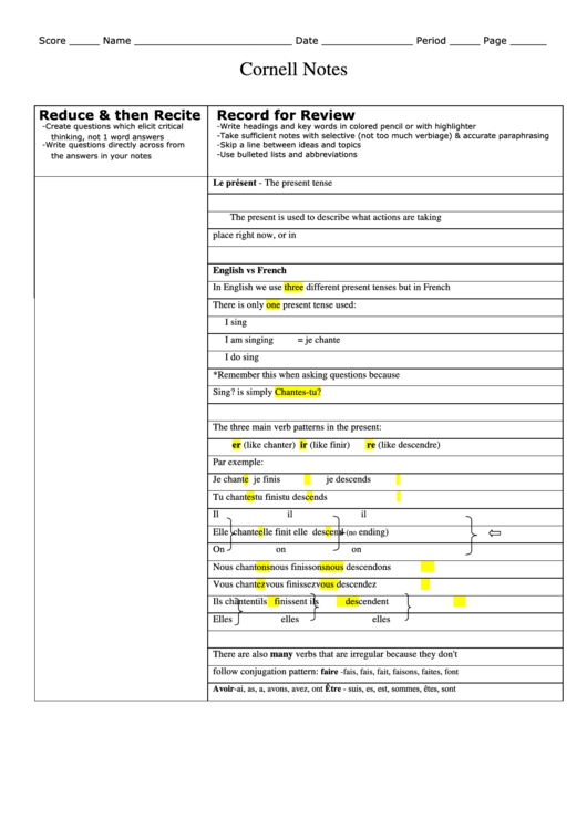 Cornell Notes Template, The French Present Tense Printable pdf