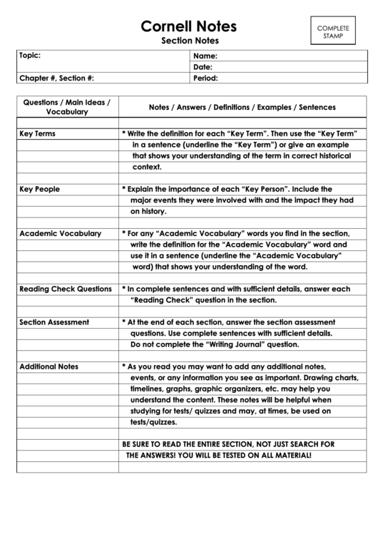 Cornell Notes Section Notes Printable pdf