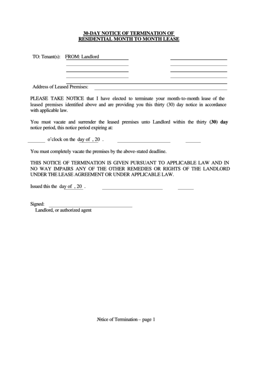 Fillable 30-Day Notice Of Termination Of Residential Month To Month Lease Printable pdf