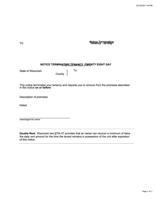 Fillable Notice Terminating Tenancy - 28 Days Printable pdf