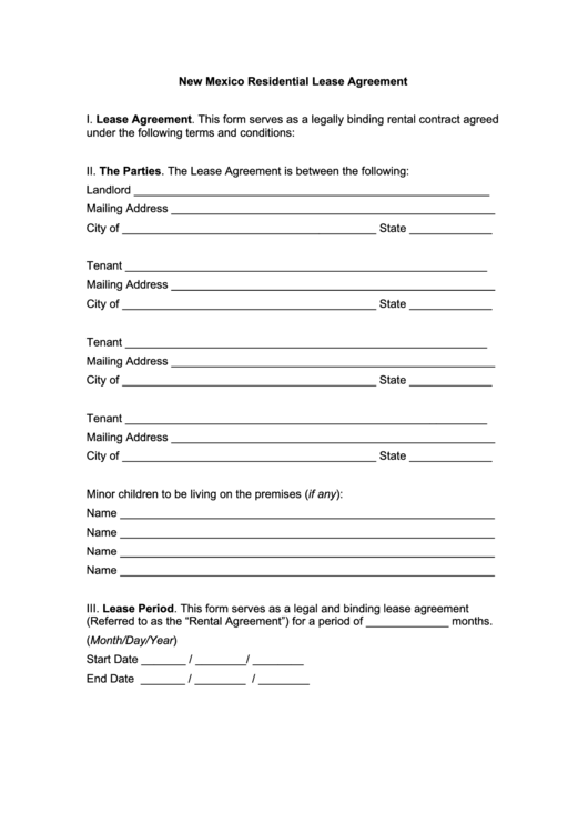 Fillable New Mexico Residential Lease Agreement printable pdf download
