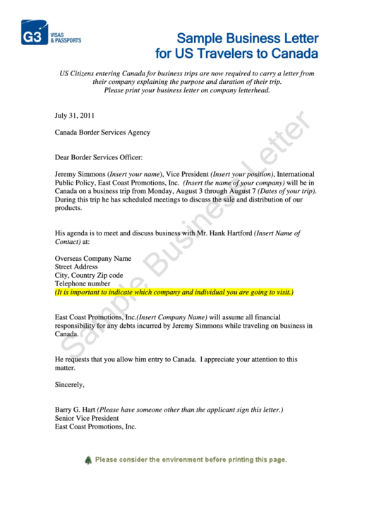 Sample Business Letter For Us Travelers To Canada Template Printable pdf