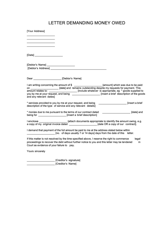 Fillable Letter Demanding Money Owed Printable Pdf Download