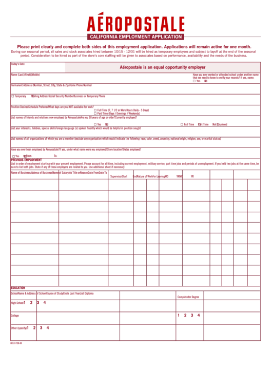 Aeropostale Employment Application Form Printable pdf