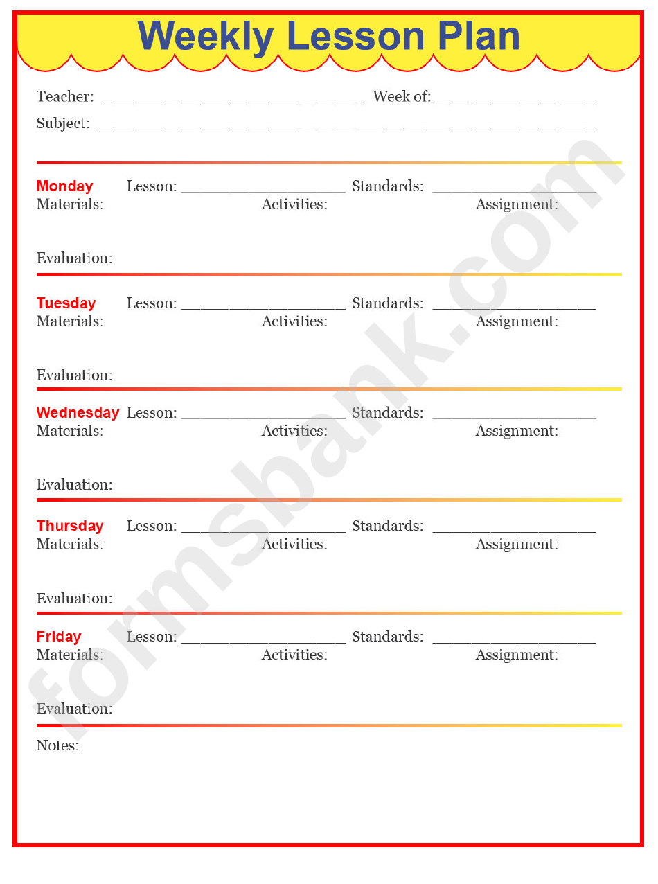 Fillable Preschool Weekly Lesson Plan Template printable pdf download