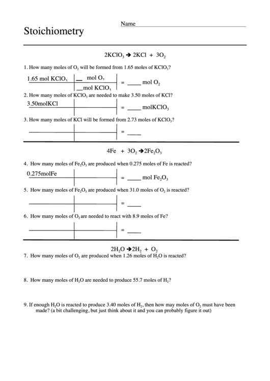 Stoichiometry Chemistry Worksheets printable pdf download