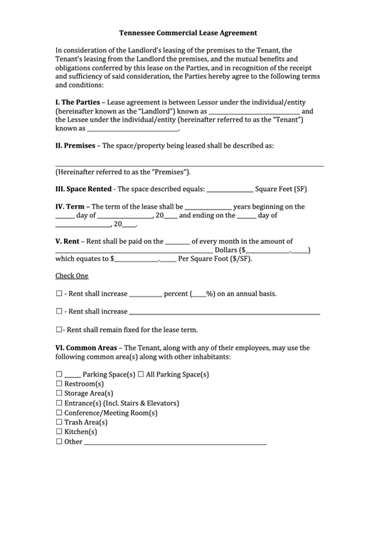 Fillable Tennessee Commercial Lease Agreement Template Printable pdf