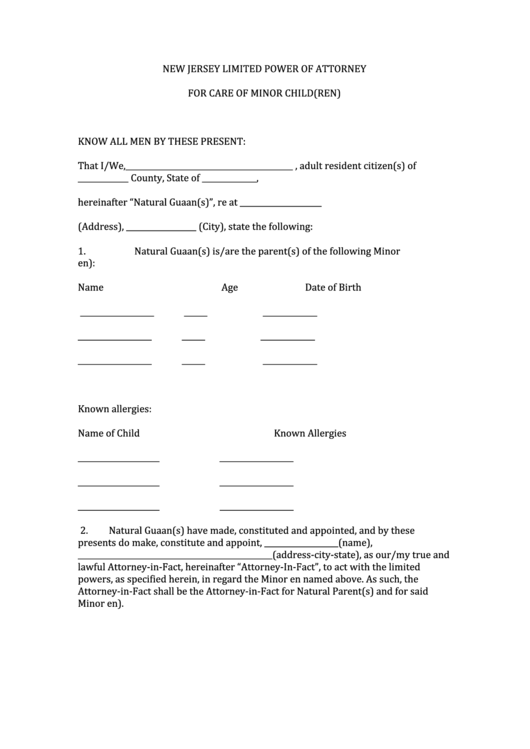 Fillable Power Of Attorney Form For Care Of Minor Nj Printable pdf