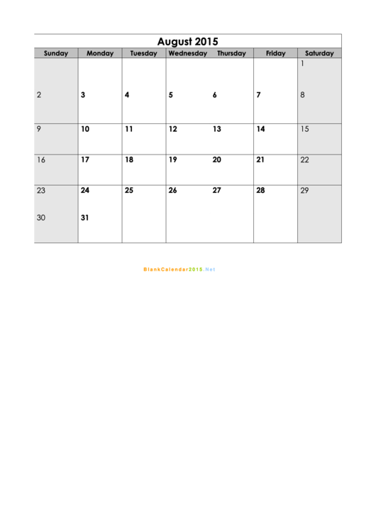 August 2015 Calendar Template Printable pdf