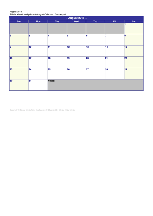 2015 August Calendar Template Printable pdf