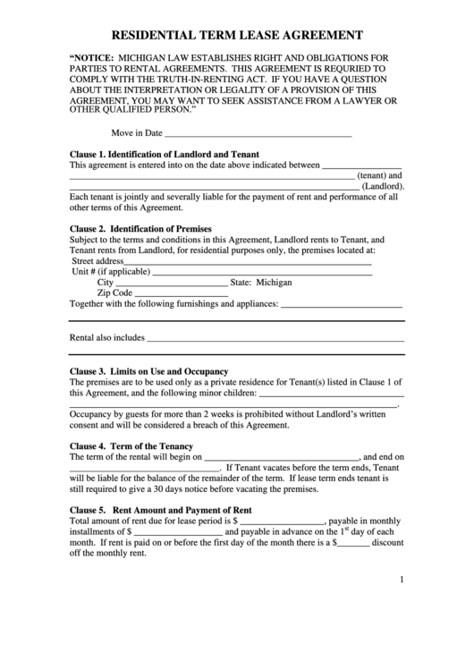 Residential Term Lease Agreement Template printable pdf download