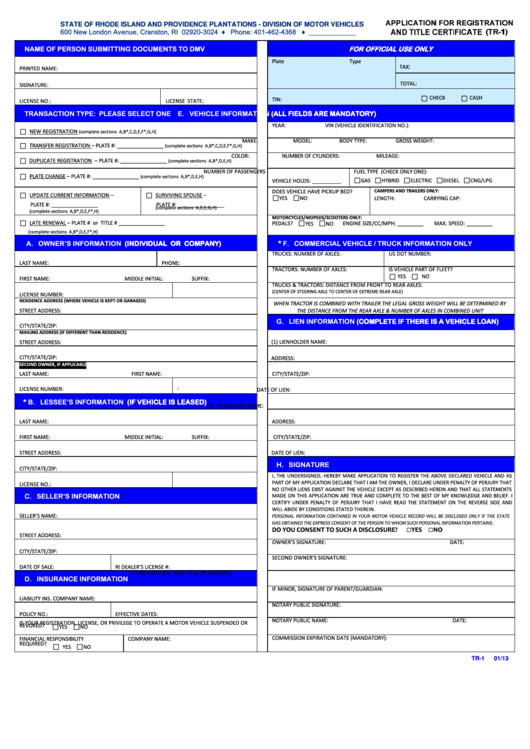 Fillable Form Tr-1 - Application For Registration And Title Certificate Printable pdf