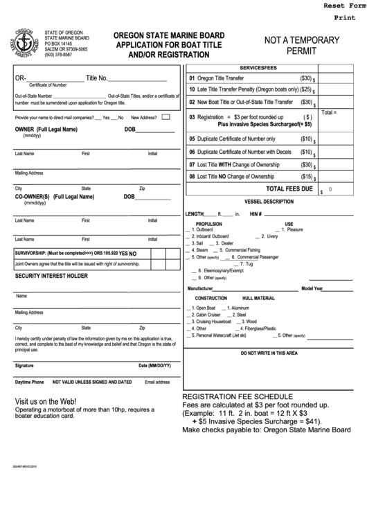 Fillable Oregon State Marine Board Application For Boat Title And/or Registration Printable pdf
