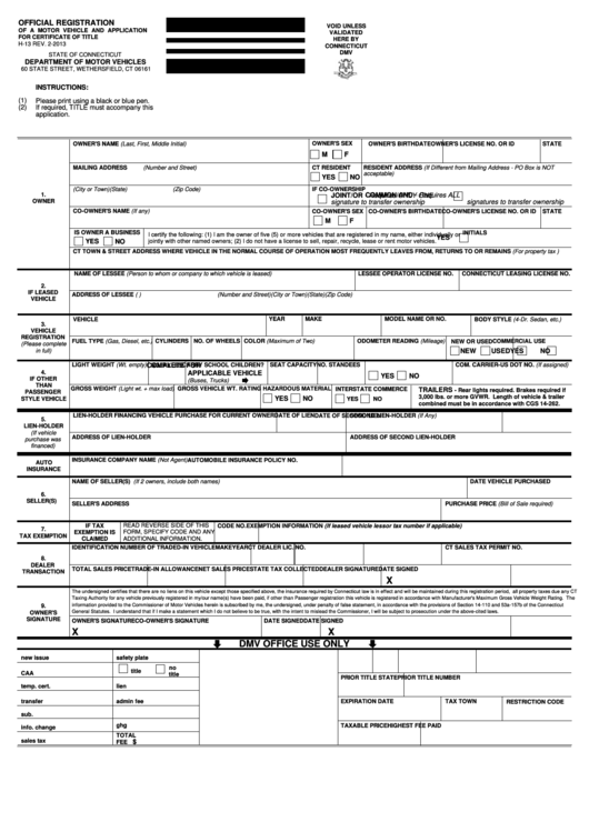 Fillable Form H-13 - Official Registration Of A Motor Vehicle And Application For Certificate Of Title Printable pdf