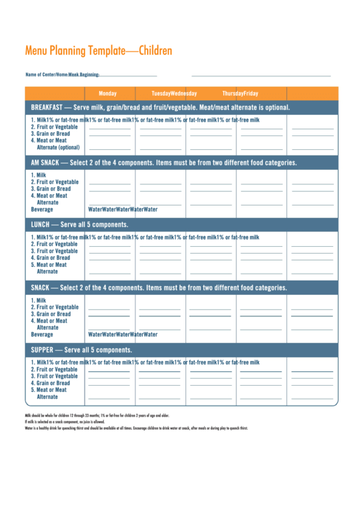 Menu Planning Template - Children Printable pdf