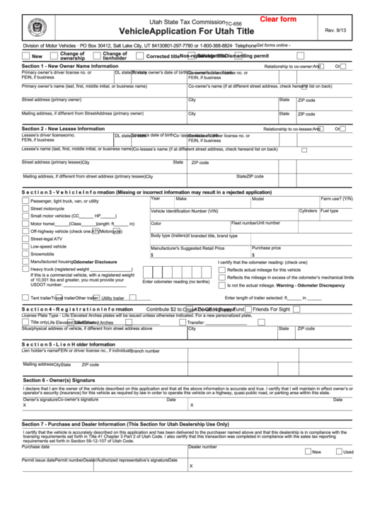 Form Tc-656 - Vehicle Application For Utah Title - Utah State Tax ...