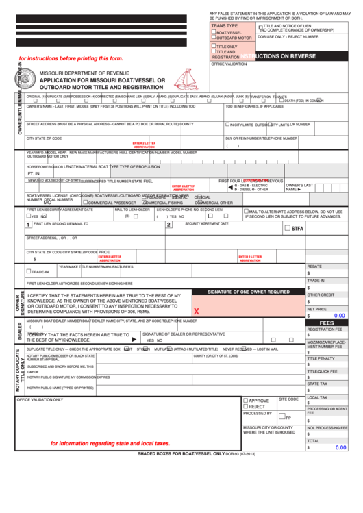 Fillable Missouri Department Of Revenue Application For Missouri Boat/vessel Or Outboard Motor Title And Registration Printable pdf