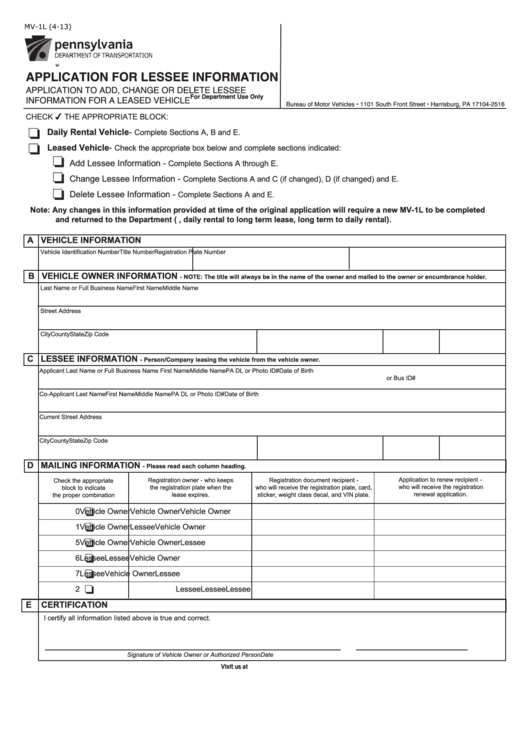 Fillable Form Mv-1l - Application For Lessee Information Printable pdf